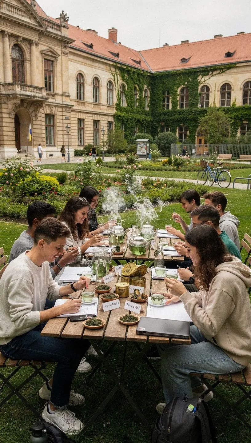 Elegáns teáscsésze, benne jázminos zöld tea, háttérben virágokkal.